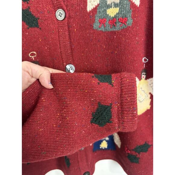 Vtg 80’s Talbots 100% Lambs Wool Christmas Angel Holly Sweater Cardigan Medium - Picture 6 of 10